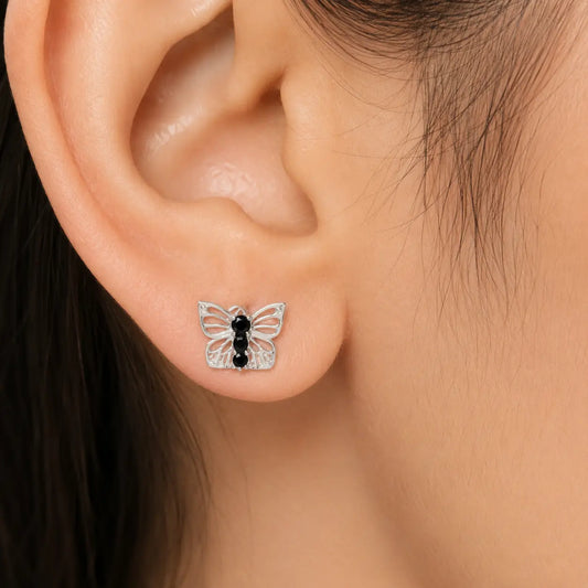 Silver Butterfly Black Stone Stud Earrings