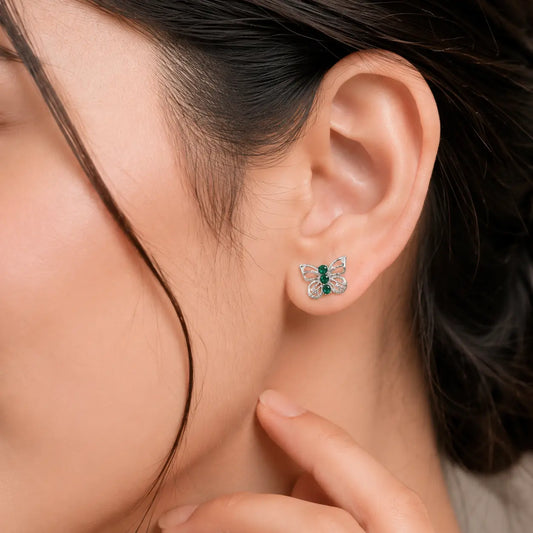 Silver Butterfly Green Stone Stud Earrings