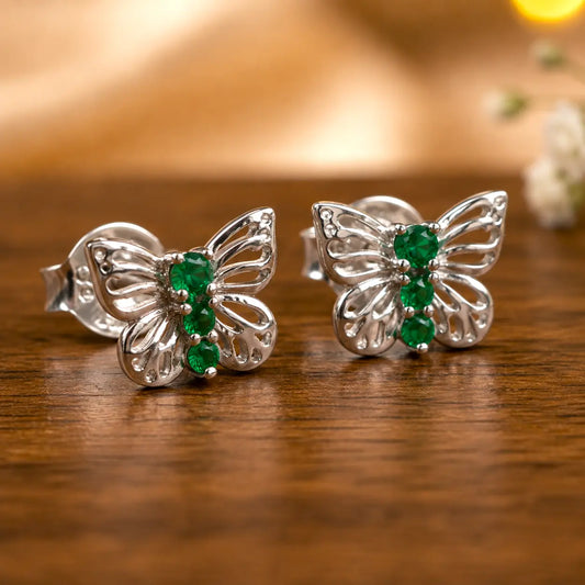 Silver Butterfly Green Stone Stud Earrings