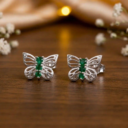 Silver Butterfly Green Stone Stud Earrings