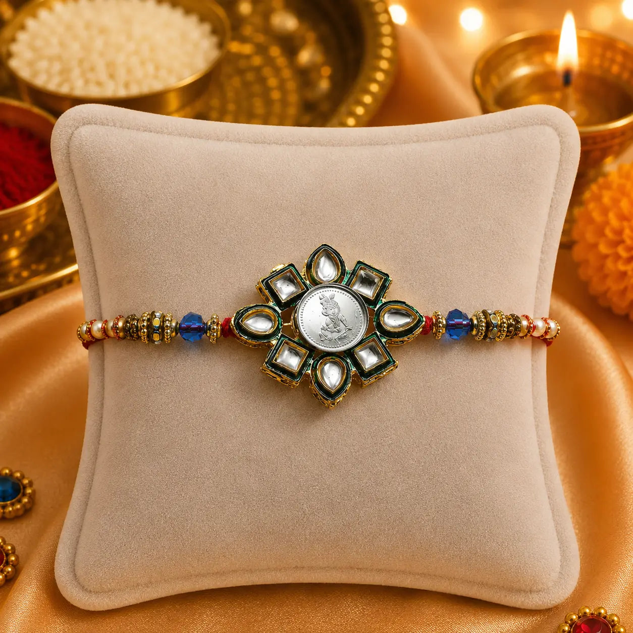 Silver Center Baal Gopal Flower Design with Multi Color Beads Rakhi for Boys
