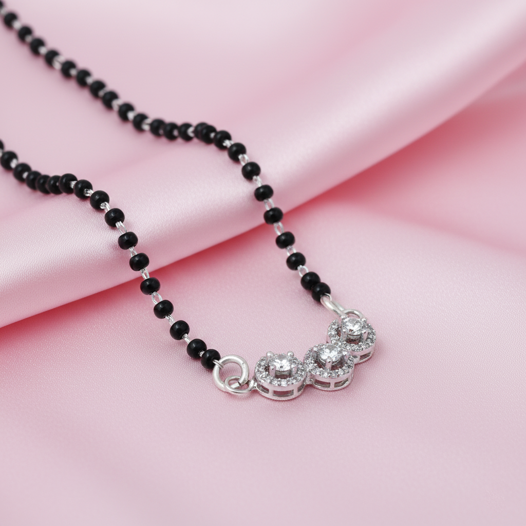 Silver Center CZ Stone Three Circle Design Mangalsutra for Girls