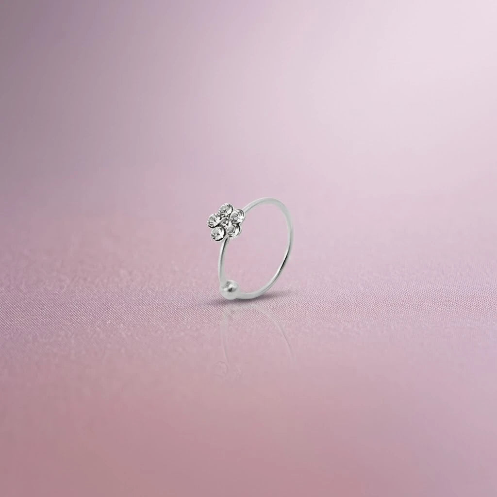 Silver Center CZ Stones Flower Design Nosepin for Girls