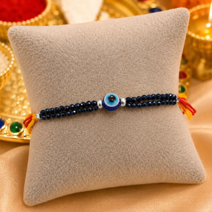 Silver Center Evil Eye with Silver and Blue Beads Rakhi for Boys