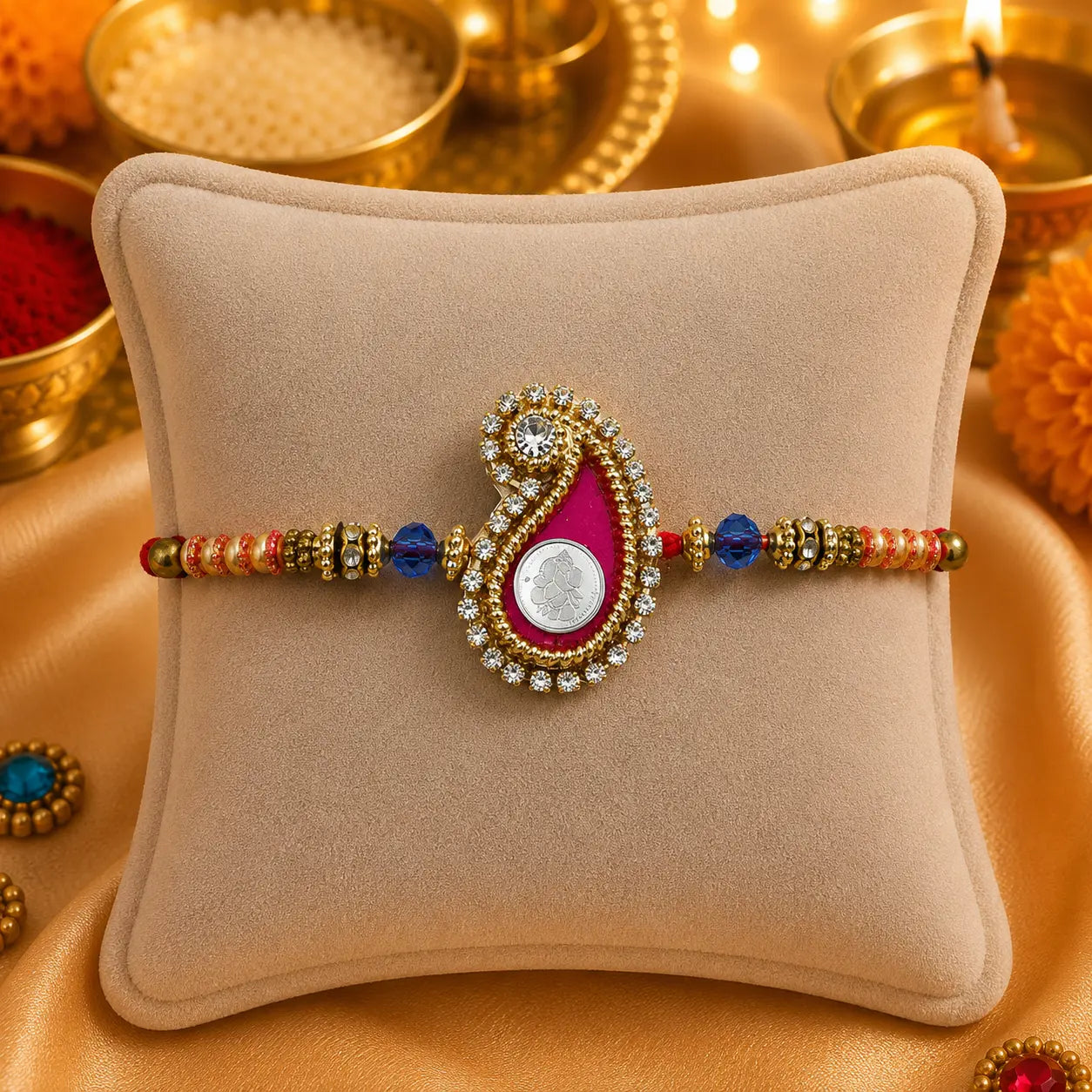 Silver Center Ganesh Ji Pink Theme with Multiple Colorful Beads Rakhi for Boys
