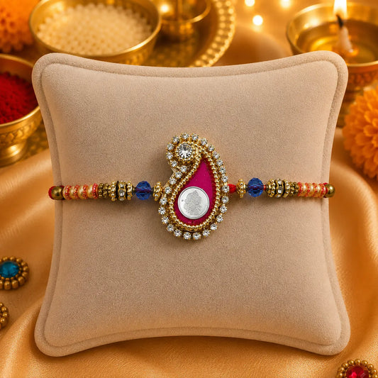 Silver Center Ganesh Ji Pink Theme with Multiple Colorful Beads Rakhi for Boys