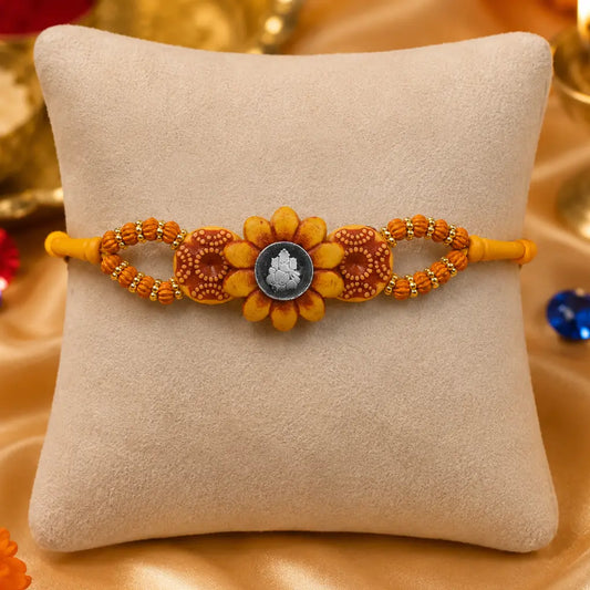 Silver Center Ganesh Ji with Wooden Theme Flower Design Rakhi for Boys