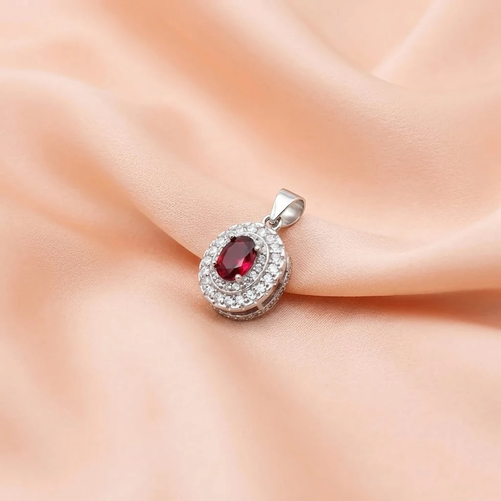 Silver Center Maroon Gem Stone Oval Design Pendant for Girls