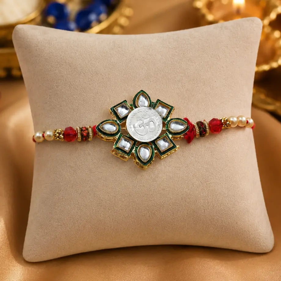 Silver Center Om Flower Design with Multi Color Beads Rakhi for Boys