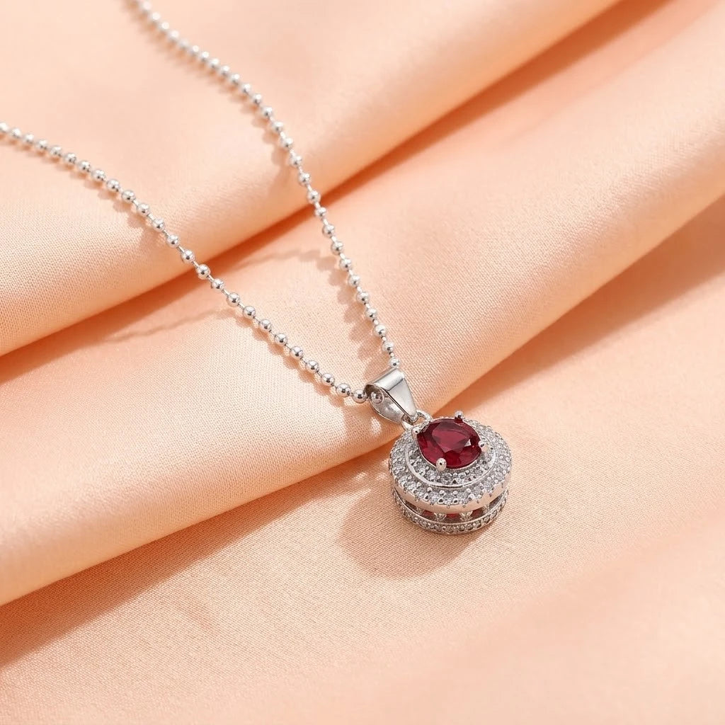 Silver Center Pink Gem Stone with Round Shape Pendant for Girls