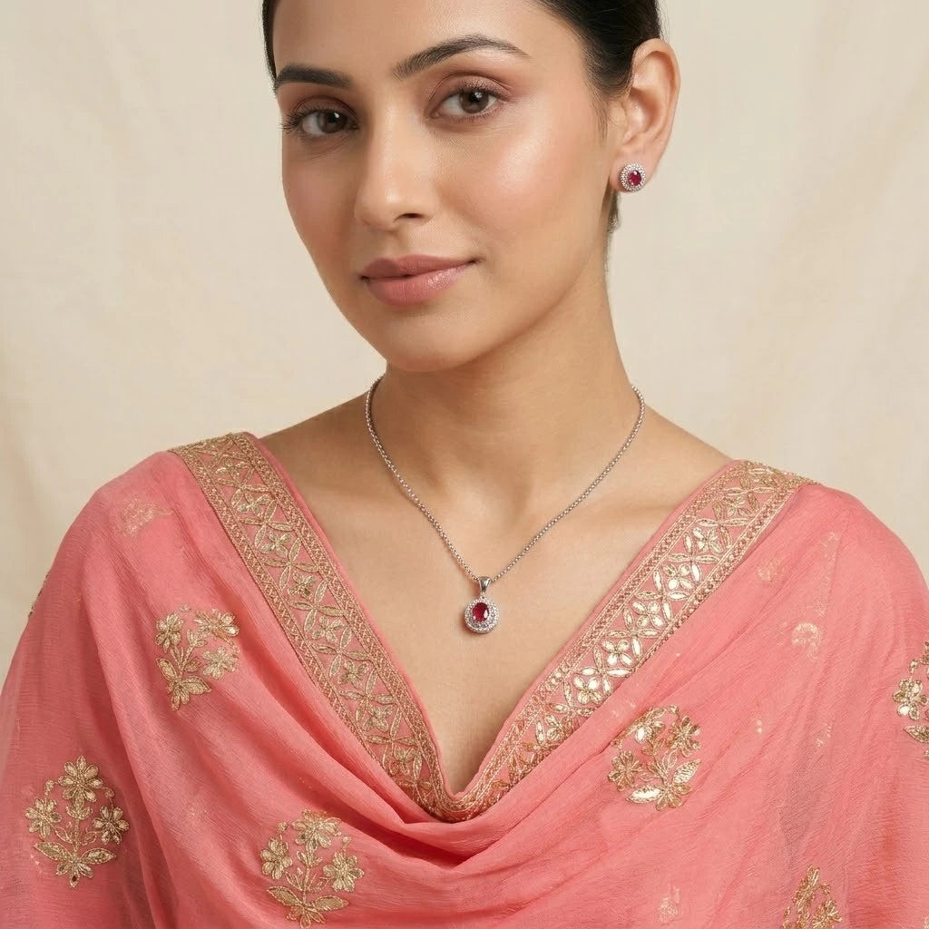 Silver Center Pink Gem Stone with Round Shape Pendant for Girls