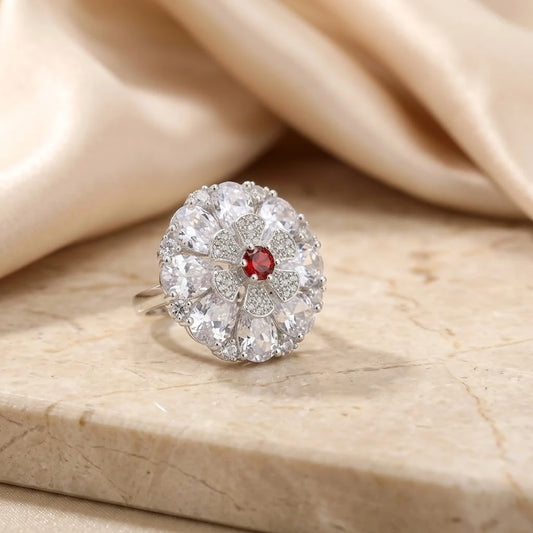 Silver Center Red Stone Flower Design Ring for Girls