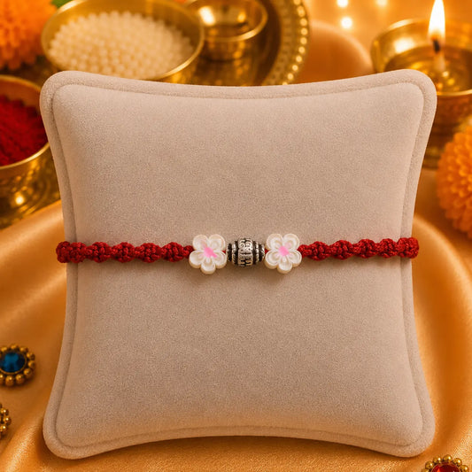Silver Center Silver Bead With Two Cream Color Flower Rakhi for Boys