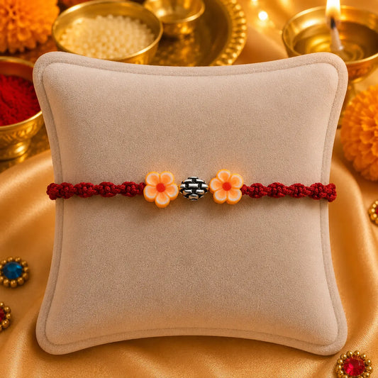 Silver Center Silver Bead with Orange Flowers Rakhi for Boys