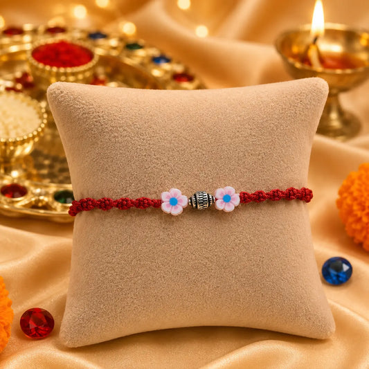 Silver Center Silver Bead with Pink Flowers Rakhi for Boys