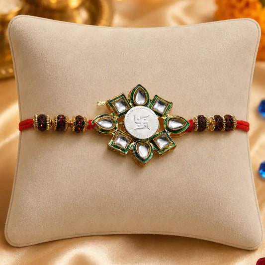 Silver Center Swasthik Flower Design with Multi Color Beads Rakhi for Boys