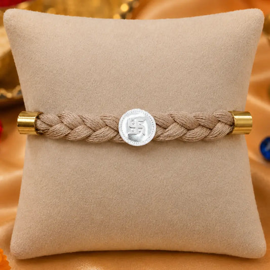 Silver Center Swastik Cream Tangle Moli Rakhi for Boys