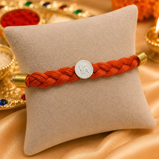 Silver Center Swastika with Orange Tangle Moli Rakhi for Boys