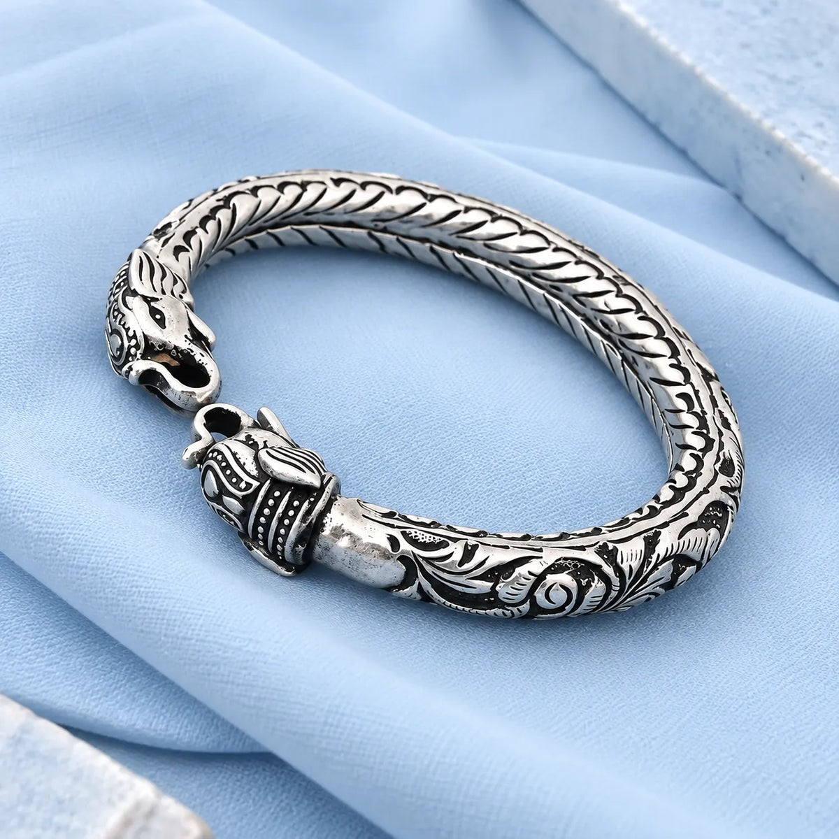 Silver Classic Gajmukh Oxidised Chandi Kada for Mens
