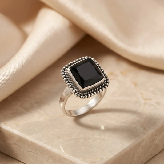 Silver Classy Beady Black Ring
