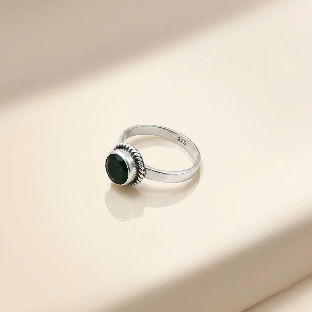 Silver Classy Green Round Gemstone Ring