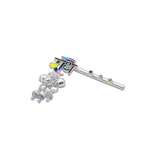 Silver Radhe sign with colorful Bansuri