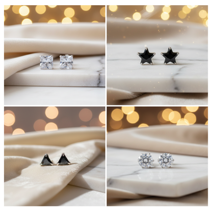 Silver Earrings Combo 4 Elegant Designs (Triangle, Star, Round, Square)