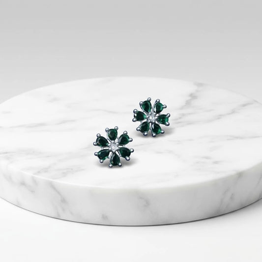 Silver Earrings with Green Gem Floral Pattern