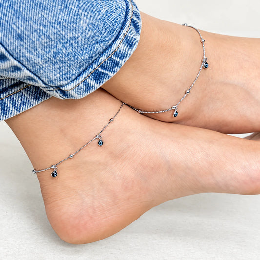 Silver Evil Eye Anklet with Hanging Charms

