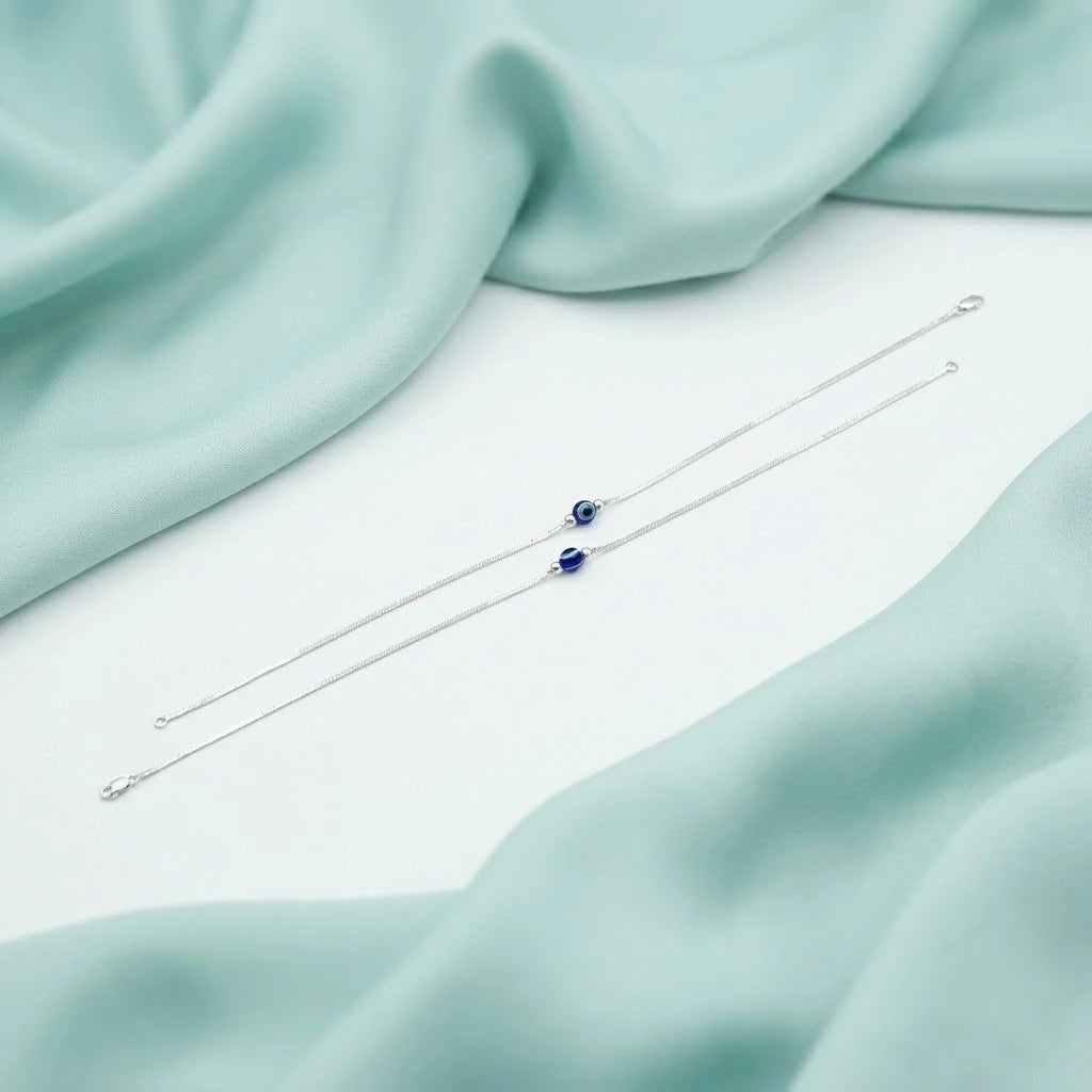 Silver Evil Eye Blue Bead Minimal Anklet for Women & Girls