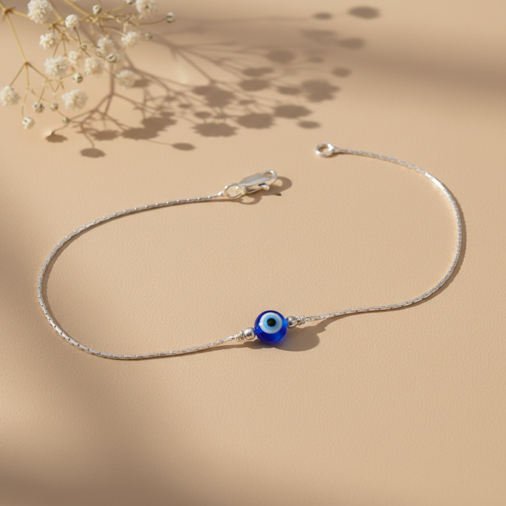 Silver Evil Eye Blue Bead Minimal Anklet for Women & Girls