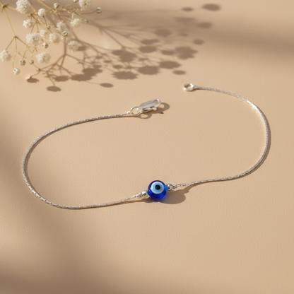 Silver Evil Eye Blue Bead Minimal Anklet for Women & Girls