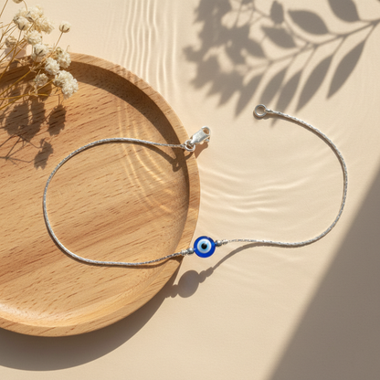 Silver Evil Eye Blue Bead Minimal Anklet for Women & Girls