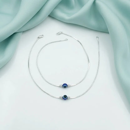 Silver Evil Eye Blue Bead Minimal Anklet for Women & Girls