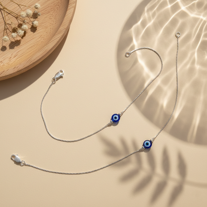 Silver Evil Eye Blue Bead Minimal Anklet for Women & Girls
