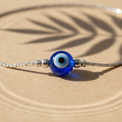 Silver Evil Eye Blue Bead Minimal Anklet for Women & Girls