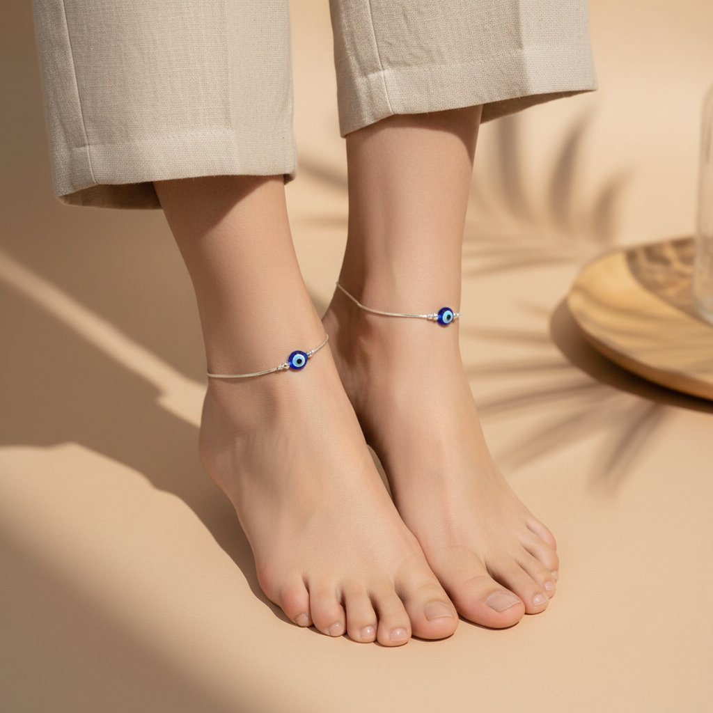 Silver Evil Eye Blue Bead Minimal Anklet for Women & Girls