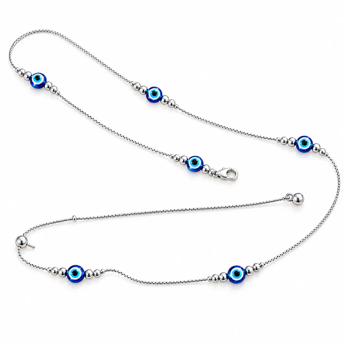 Silver evil eye waist chain for women with blue beads