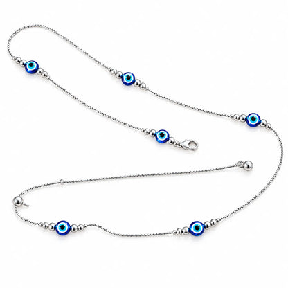 Silver evil eye waist chain for women with blue beads