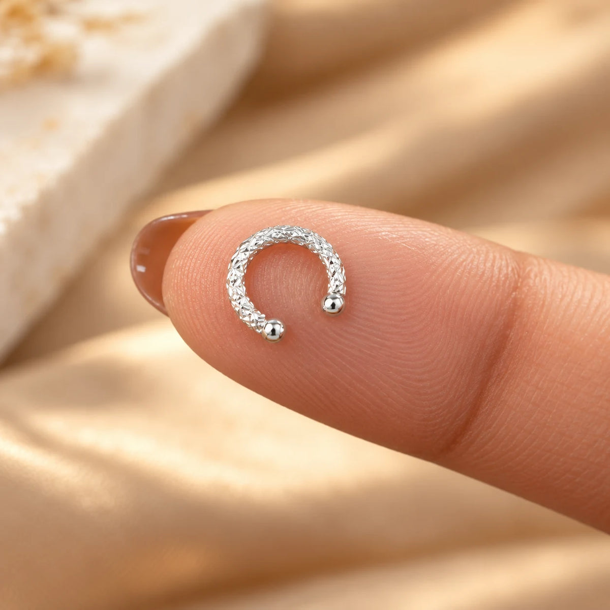 Silver Faceted Nose Ring Traditional Textured Hoop Design