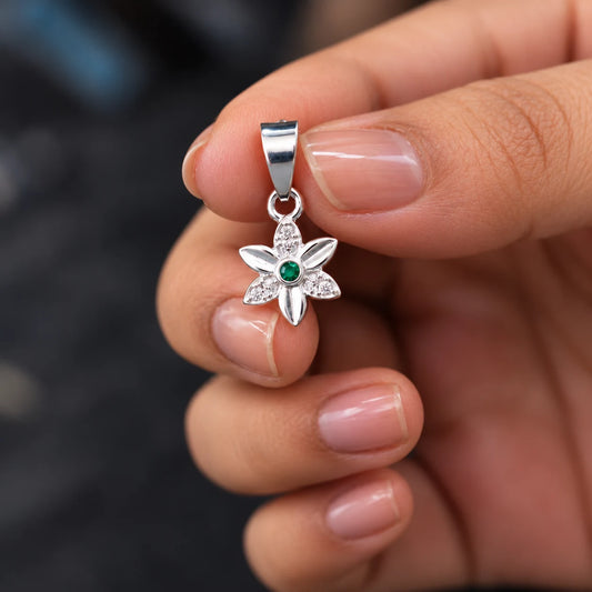 Silver Floral Pendant with Green Stone