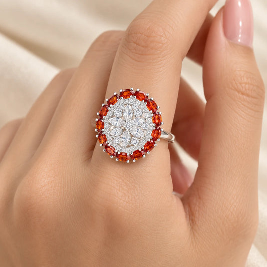 Silver Flower Ring with Orange Gems for Girls & Women.