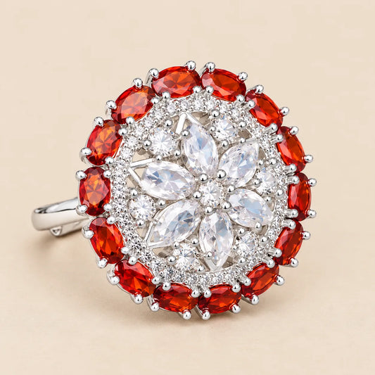 Silver Flower Ring with Orange Gems for Girls & Women.