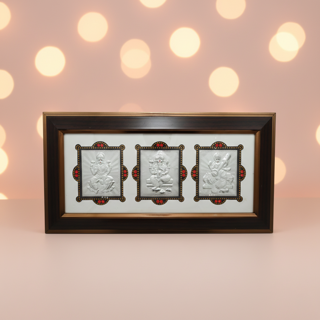 Silver Ganesh Ji Laxmi Ji Saraswati Ji Frame Attract Wealth, Prosperity & Abundance