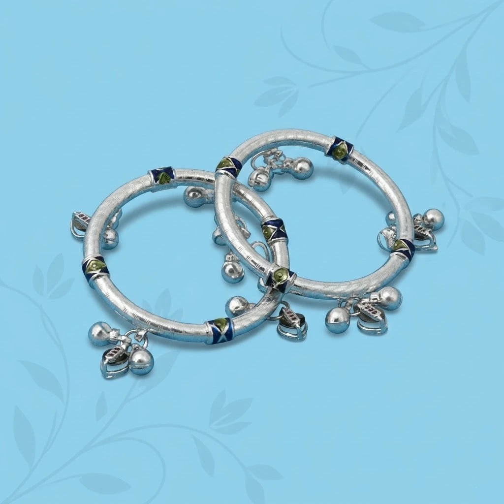 Silver Green Heart Shape with Ghungroo Baby Kada Payal