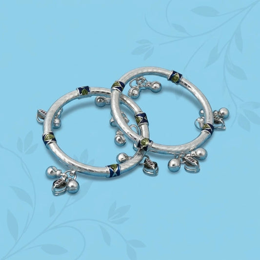 Silver Green Heart Shape with Ghungroo Baby Kada Payal