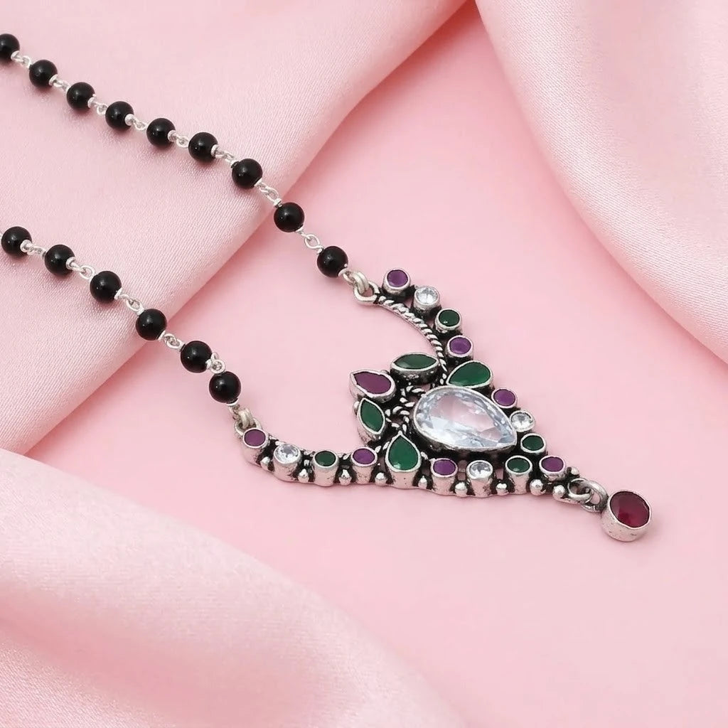 Silver Green and Purple Gem Stone Drop Design MangalSutra for Girls