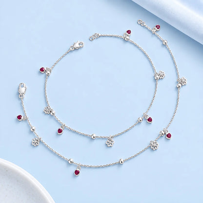Silver Heart & Flower Charm Anklet for Women | Dainty Silver Payal