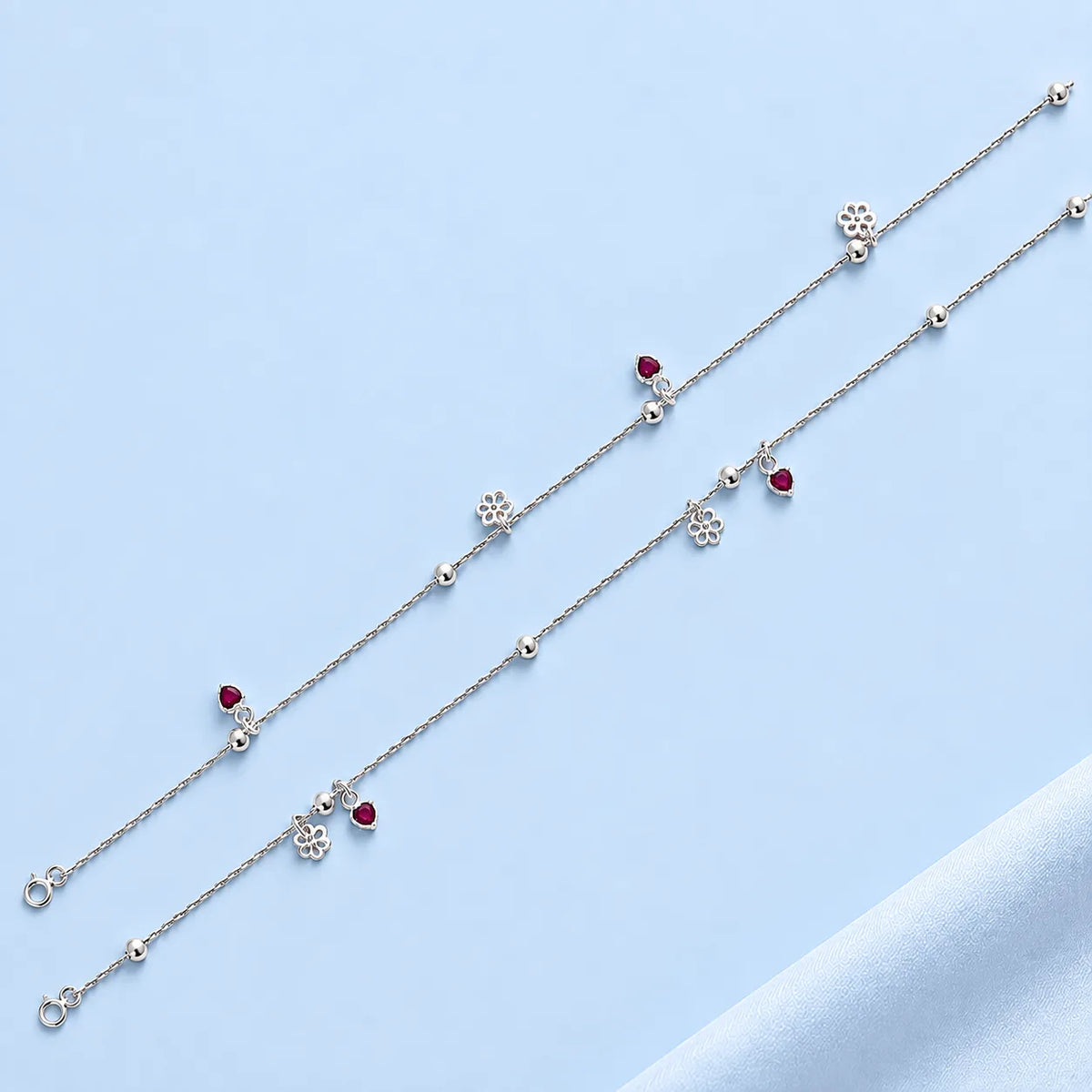 Silver Heart & Flower Charm Anklet for Women | Dainty Silver Payal
