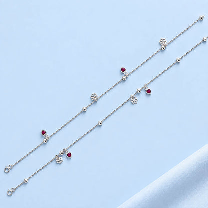 Silver Heart & Flower Charm Anklet for Women | Dainty Silver Payal